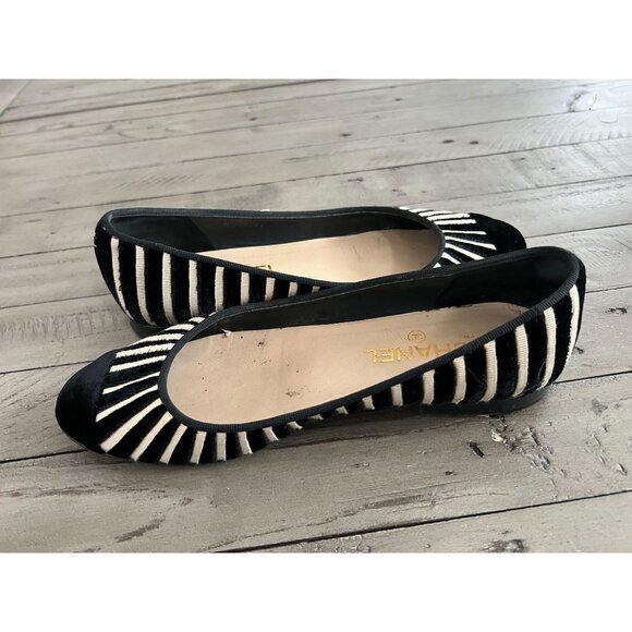 CHANEL Black Ivory Velvet Zebra Striped CC Ballet Flats Size 39 9 - Picture 11 of 13